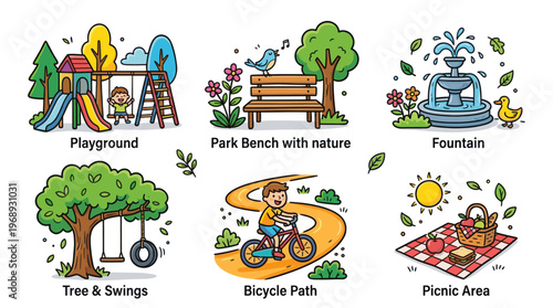 Colorful doodle park activity set with cute outdoor leisure scenes