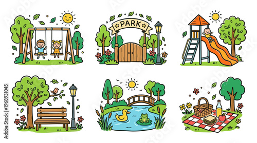 Colorful doodle park activity set with cute outdoor leisure scenes