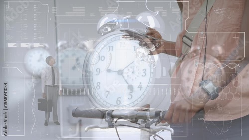 Animation of data processing and alarm clock over mid section of man with bicycle using smartphone