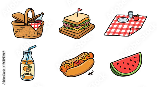Colorful doodle picnic icon set with food blanket and summer essentials