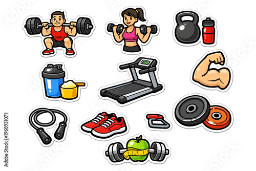 Cartoon fitness icons with caucasian figures, gym equipment, and healthy lifestyle elements.