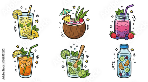Colorful doodle summer drinks collection with cute refreshing beverage icons