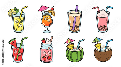 Colorful doodle summer drinks collection with cute refreshing beverage icons