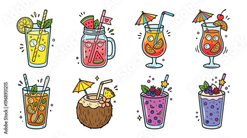 Colorful doodle summer drinks collection with cute refreshing beverage icons