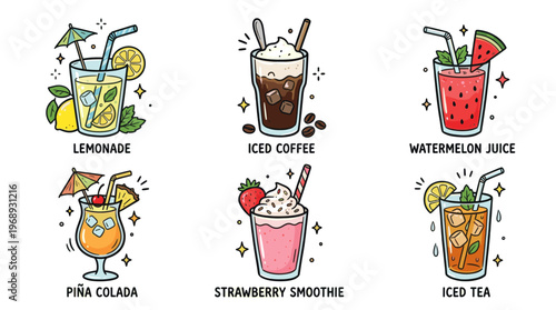 Colorful doodle summer drinks collection with cute refreshing beverage icons