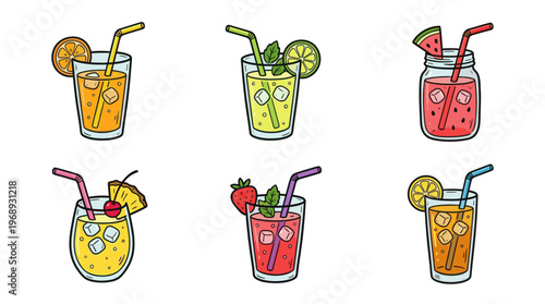 Colorful doodle summer drinks collection with cute refreshing beverage icons