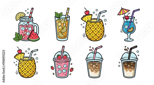 Colorful doodle summer drinks collection with cute refreshing beverage icons