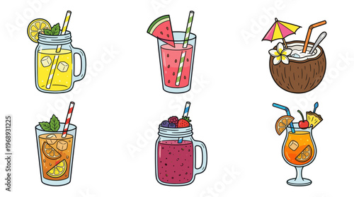 Colorful doodle summer drinks collection with cute refreshing beverage icons