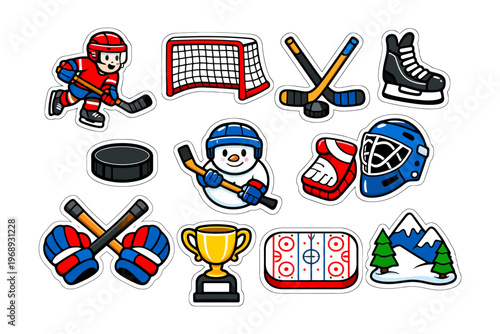 Ice hockey stickers collection: players, equipment, snowman, trophy, rink.