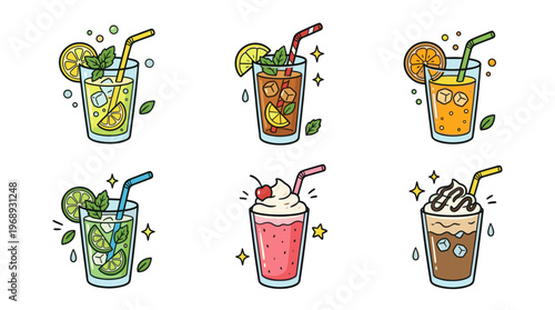 Colorful doodle summer drinks collection with cute refreshing beverage icons