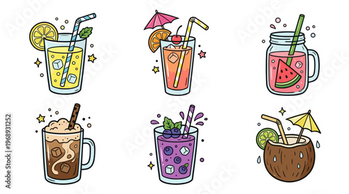 Colorful doodle summer drinks collection with cute refreshing beverage icons