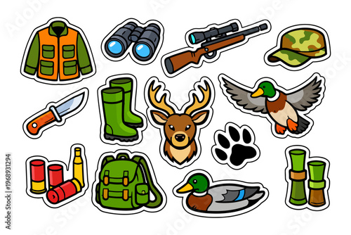 Hunting gear and wildlife icons: binoculars, rifle, deer, ducks, boots, backpack.