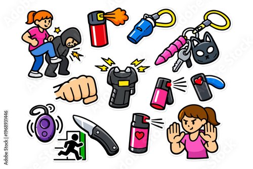 Self-defense tools and techniques featuring diverse accessories for personal safety.