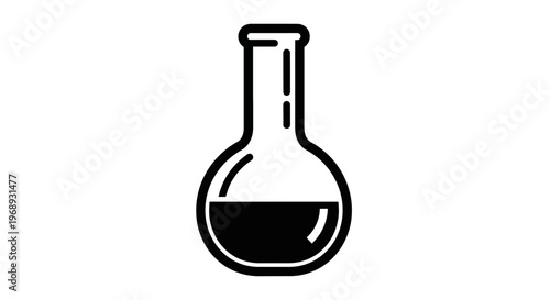 A simple illustration of a laboratory flask filled with a dark liquid in a minimalistic black and white line art style perfect for scientific publications and educational materials