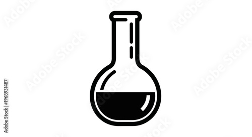A simple black and white icon of a laboratory flask filled with liquid against a plain background