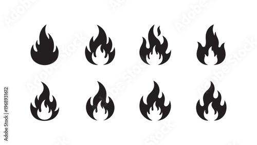 Set of black fire icons on a white background representing different flame shapes and intensities