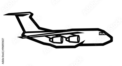 Black and white airplane illustration with simplistic design and stylized jet features. Perfect for minimalist use.