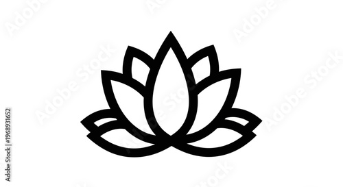 Minimalist lotus flower illustration in black and white, symbolizing purity and balance in design. Suitable for wellness projects.