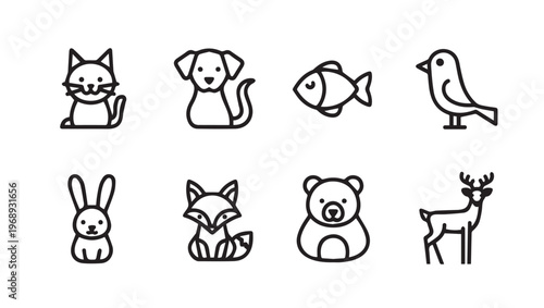 Set of cute animal icons simple line art isolated on white background