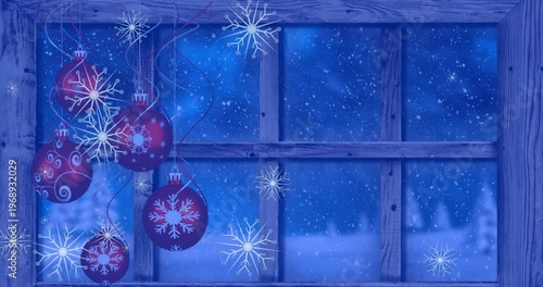 Animation of snowflakes floating over hanging bauble decorations and wooden window frame