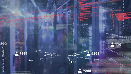 Animation of profile icons with increasing numbers and data processing against computer server room