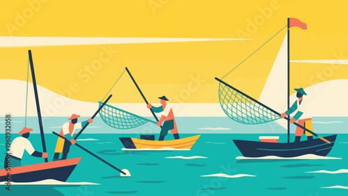 Illustration Of Traditional Fishing Activity Vector Design Template