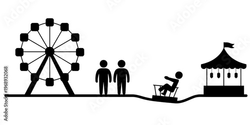 A black and white pictogram illustration showing people enjoying a day out at a local carnival Vector, illustration