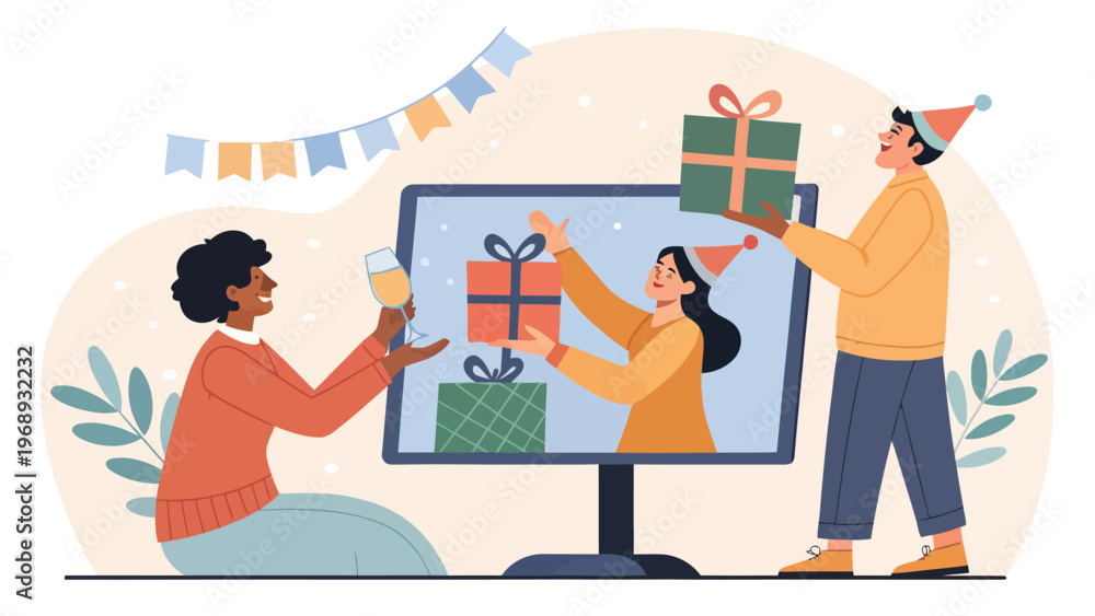 Fototapeta premium A cartoon illustration of three people celebrating a virtual party with gifts and decorations on a computer screen