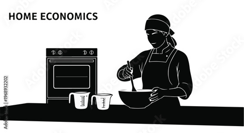 Home Economics Illustration with Woman Cooking and Oven Silhouette