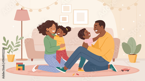 A happy family of four is sitting on a rug in their living room, smiling and enjoying quality time together.