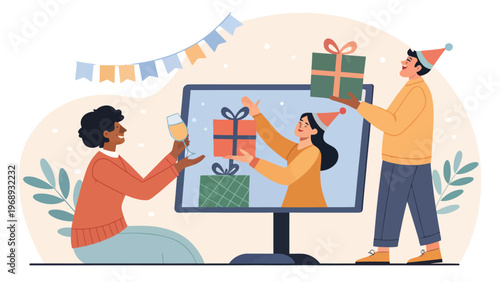A cartoon illustration of three people celebrating a virtual party with gifts and decorations on a computer screen
