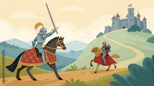 A medieval knight on horseback rides towards a castle with another knight in the distance.