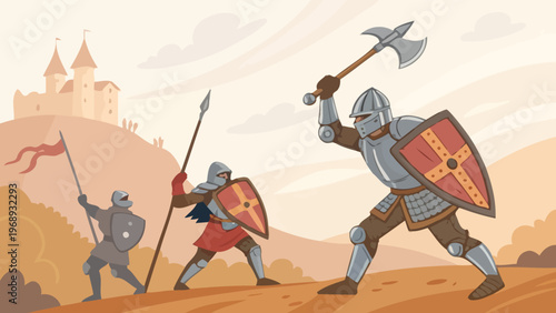 Medieval knights in armor fighting on a battlefield with a castle in the background