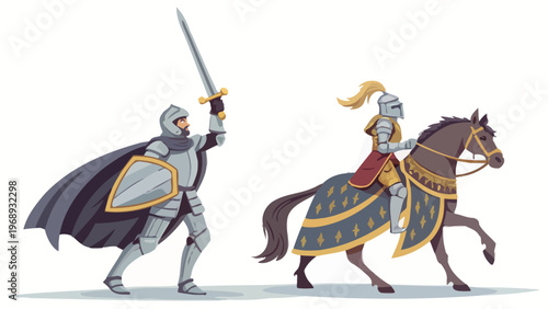 A medieval knight on horseback faces off against another armored warrior with a sword and shield in a dramatic scene.