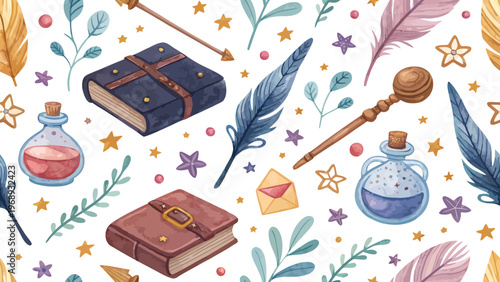 A whimsical illustration of magical objects and symbols on a white background