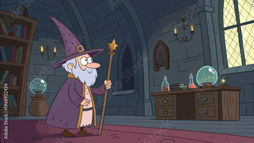 A cartoon wizard stands in a magical library with a staff and crystal balls