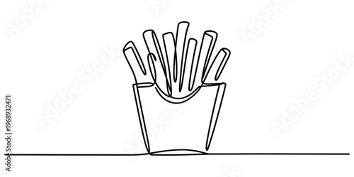 A single continuous line drawing of a container of crispy french fries on a white background Vector, illustration