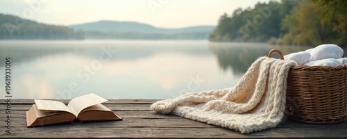 Open book, knit blanket on wooden pier by calm lake. Wicker basket filled with white textiles rests nearby. Serene water, forest backdrop creates peaceful outdoor setting for quiet contemplation,