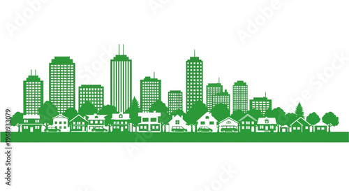 Vibrant green city skyline illustration of a modern urban landscape with buildings and houses, embodying sustainable living, eco-friendly development, and harmonious community growth