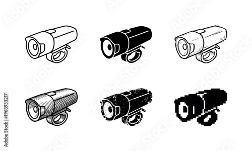 Collection of bicycle headlight illustrations in various artistic styles