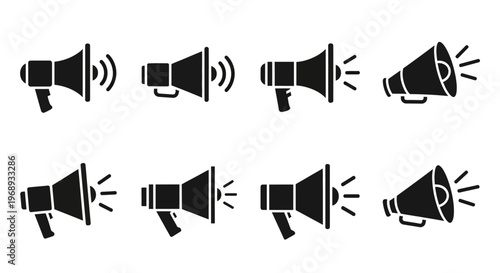 Set of black and white vector megaphone icons, representing announcements, alerts, and communication. Ideal for UI/UX design, marketing, and conveying important messages