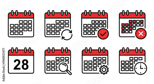A comprehensive vector collection of diverse calendar icons, illustrating various date management functionalities such as scheduling, event planning, reminders, and progress tracking, 
