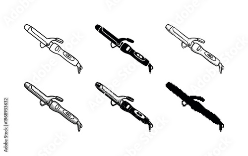 ceramic barrel curling iron, arranged as a clean  Variant 1: clean thin outline, no fill, rounded joins,