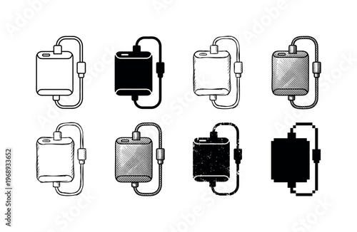 power bank charging cable, arranged as a clean  Variant 1: clean thin outline, no fill, rounded joins,