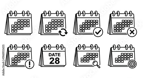 Collection of minimalist line art calendar icons depicting scheduling, events, tasks, and time management functions for digital interface design projects