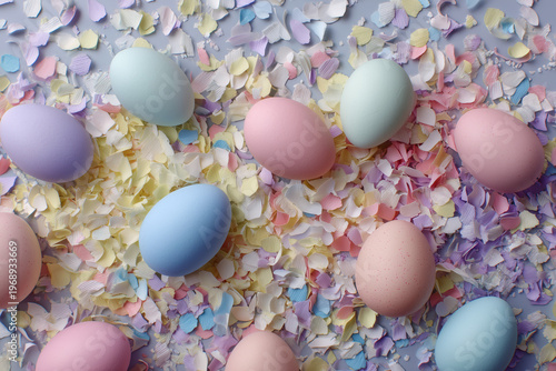 Easter background with pastel eggs confetti bows and copy space