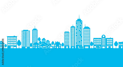 Vibrant blue silhouette of a modern city skyline and urban landscape, featuring diverse architectural styles from tall buildings to residential homes, symbolizing growth and community