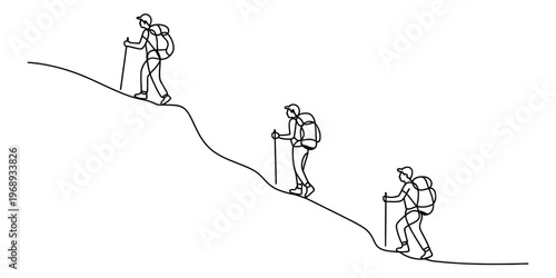 A minimalist continuous line drawing showing three hikers walking up a mountain trail in a line. Vector, illustration