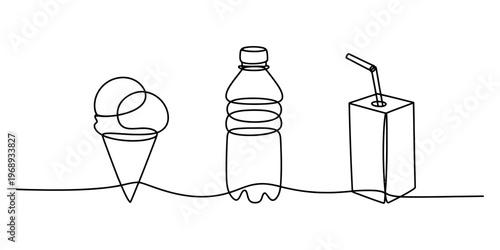 A continuous line drawing depicting an ice cream cone a water bottle and a small juice box carton Vector, illustration