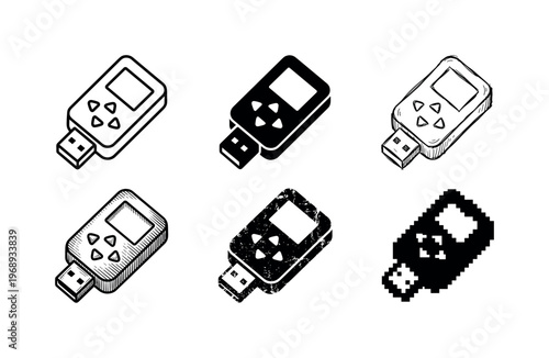 compact USB hardware crypto wallet, arranged as a clean  Variant 1: clean thin outline, no fill, rounded